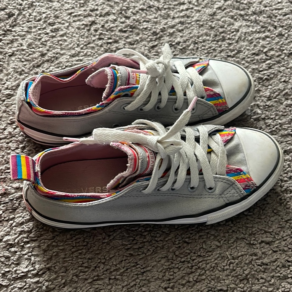 Grey Converse with multicolored stripes